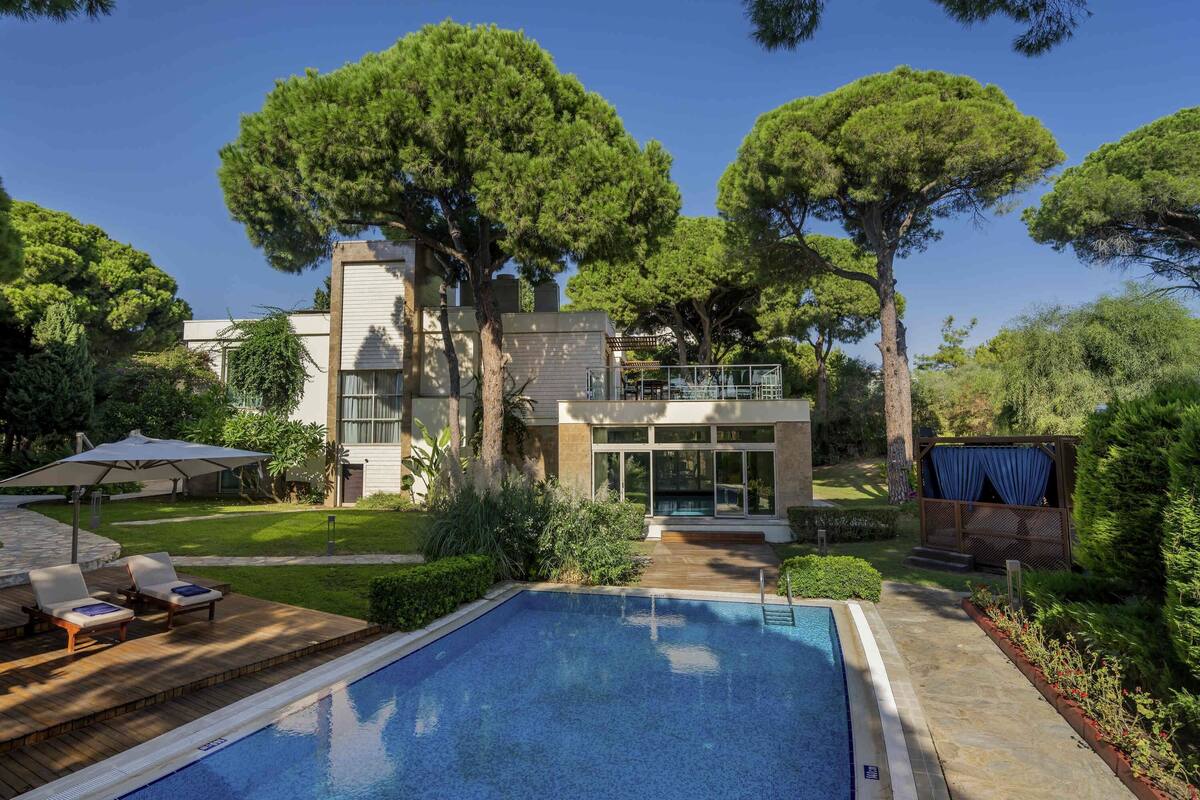 A modern house with a swimming pool, outdoor furniture, and large trees.