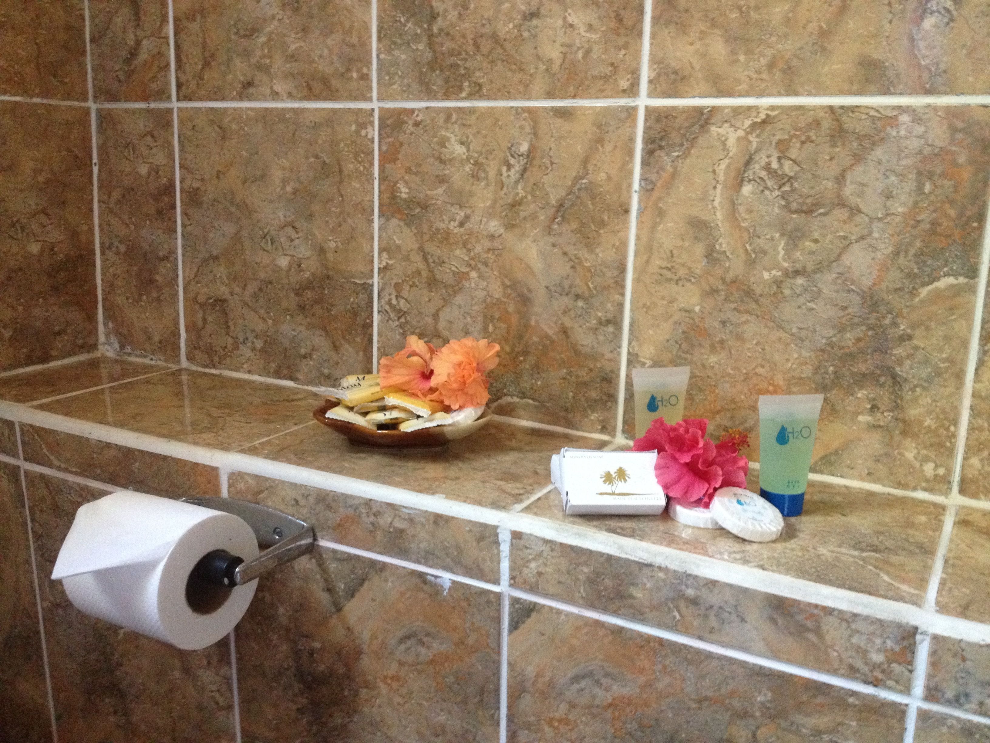 A bathroom with a marble wall, a toilet paper holder, a small tray with toiletries, and a flower arrangement.