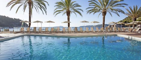 Outdoor pool, pool umbrellas, pool loungers