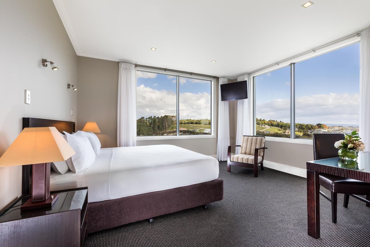Une chambre d’hôtel avec un grand lit, un bureau, une chaise, une télévision et une vue sur le paysage.