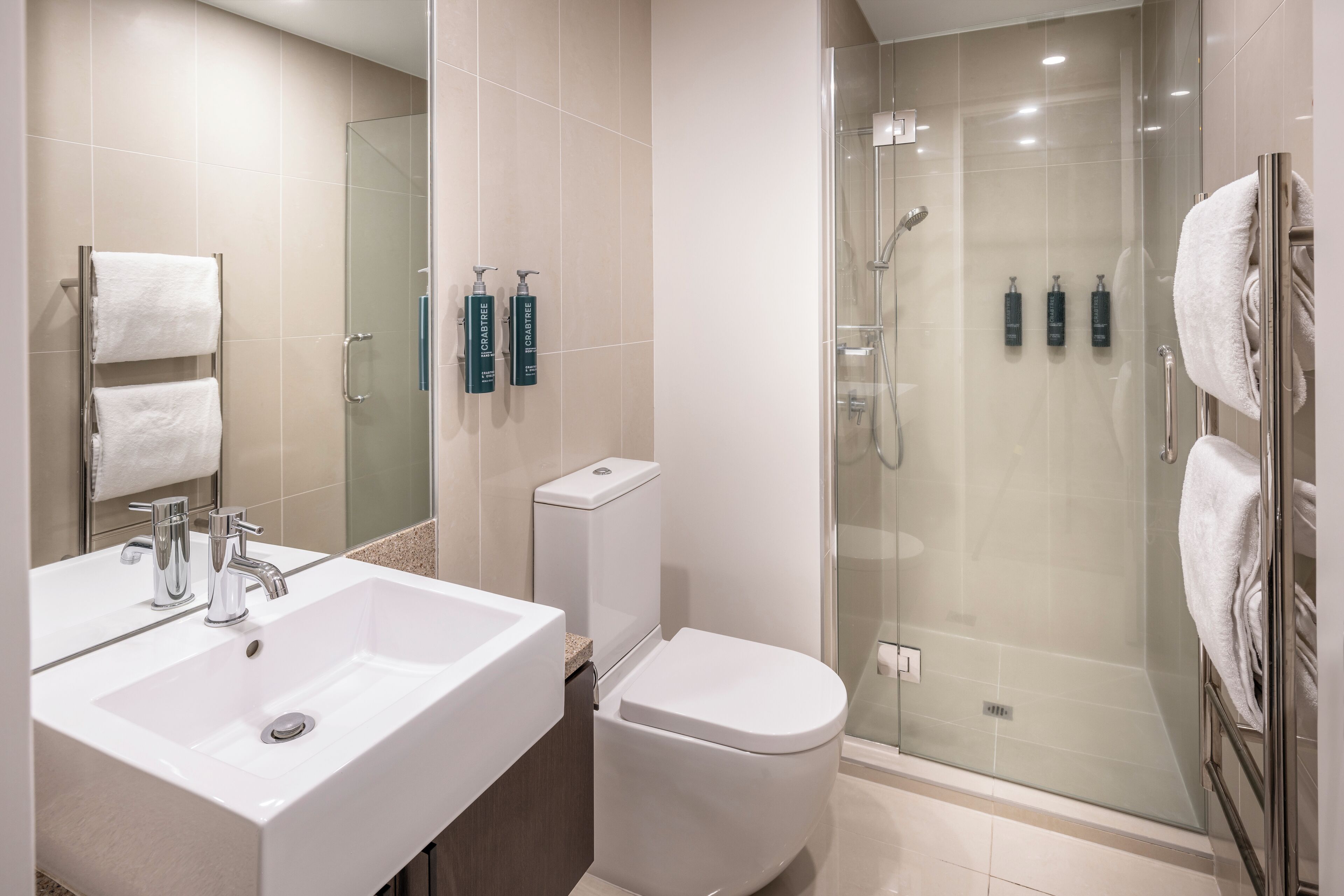 A modern bathroom with a glass-enclosed shower, a white sink, and a toilet.