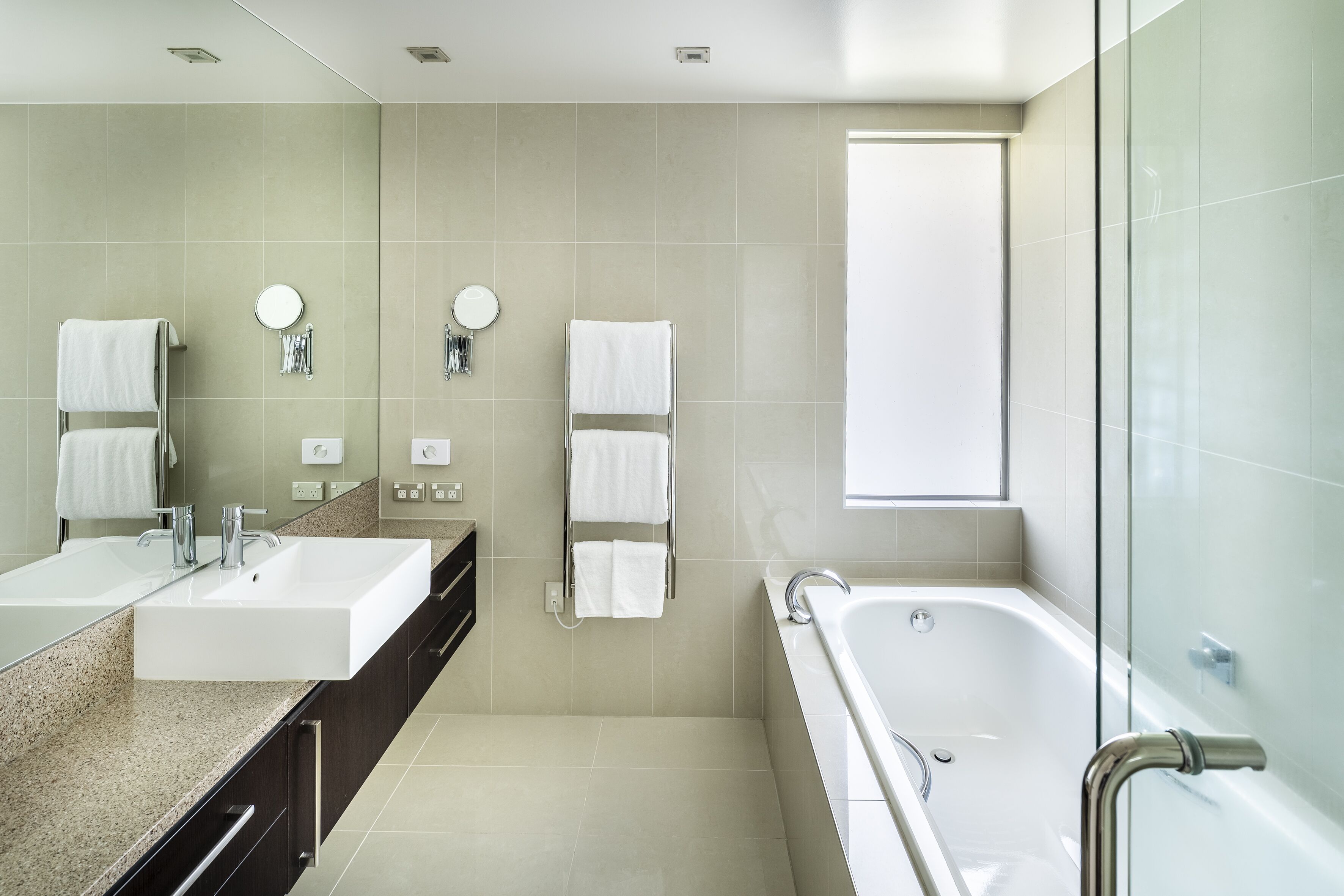 Designer toiletries, hair dryer, bathrobes, towels