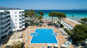 Indoor pool, outdoor pool, pool umbrellas, sun loungers