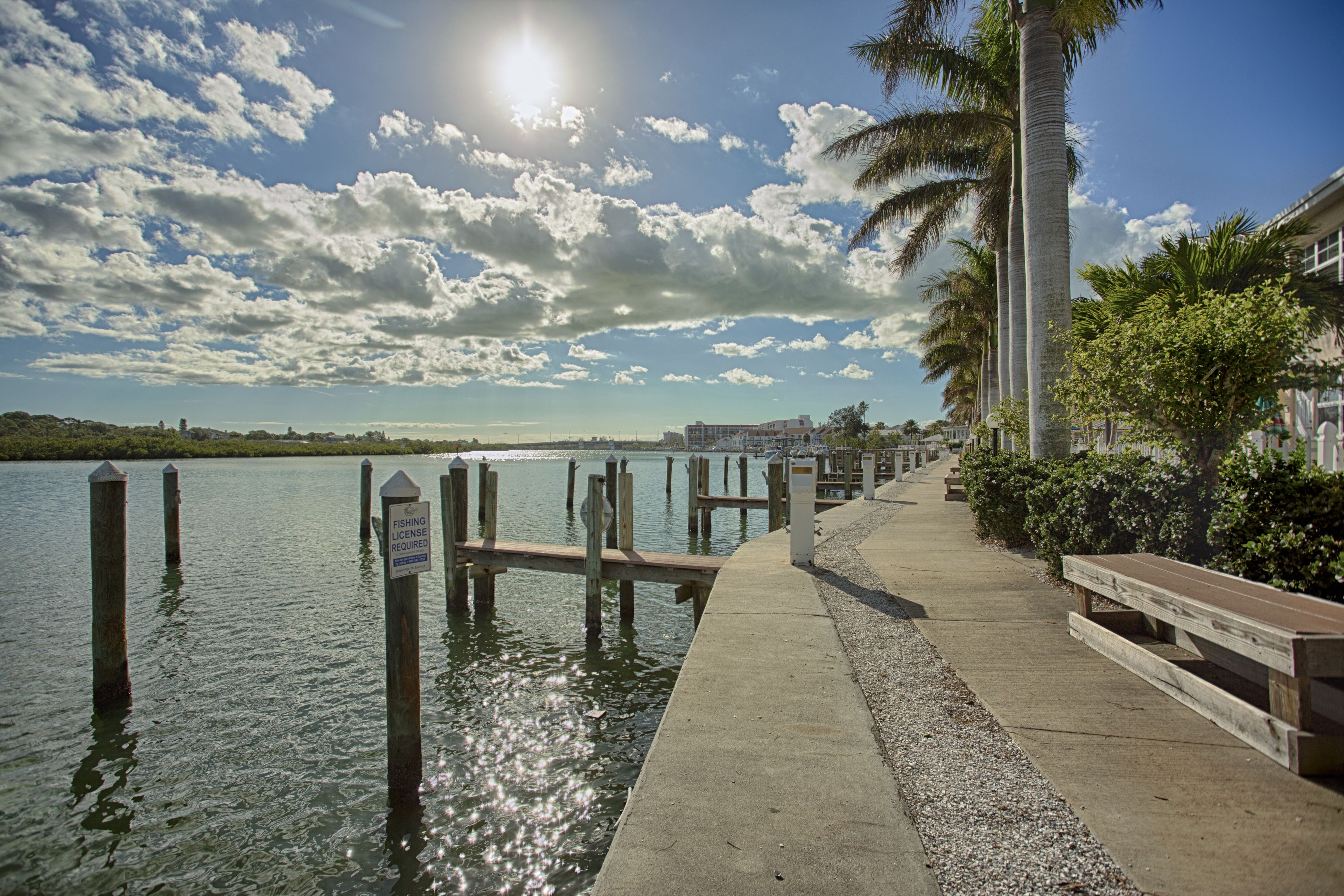 A waterfront walkway with wooden benches, a fishing license sign, and palm trees.