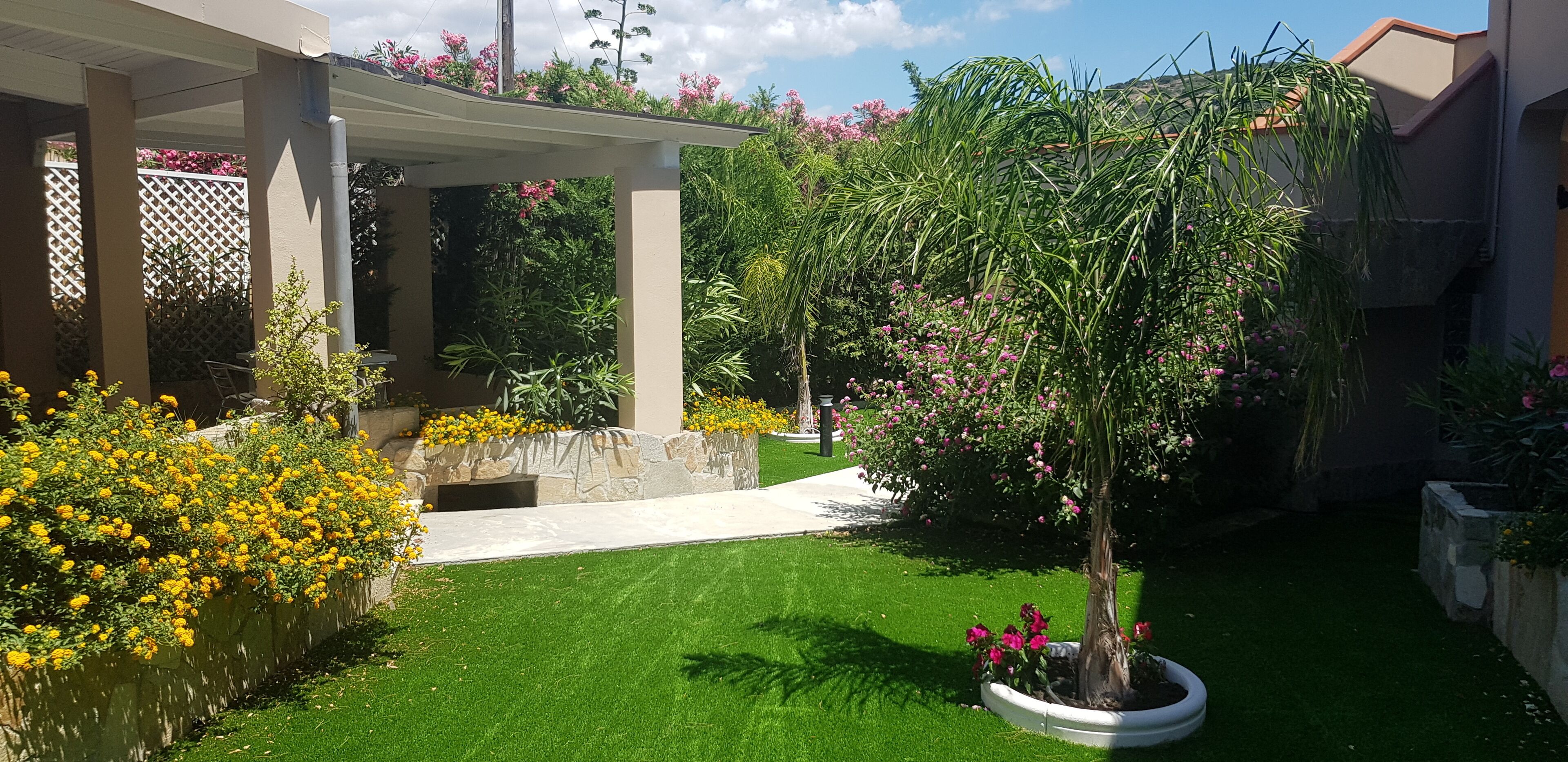 Um jardim bem cuidado, com diversas plantas e flores, um caminho pavimentado e uma estrutura de pérgola.