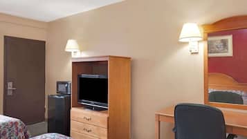 Hypo-allergenic bedding, desk, laptop workspace, blackout drapes