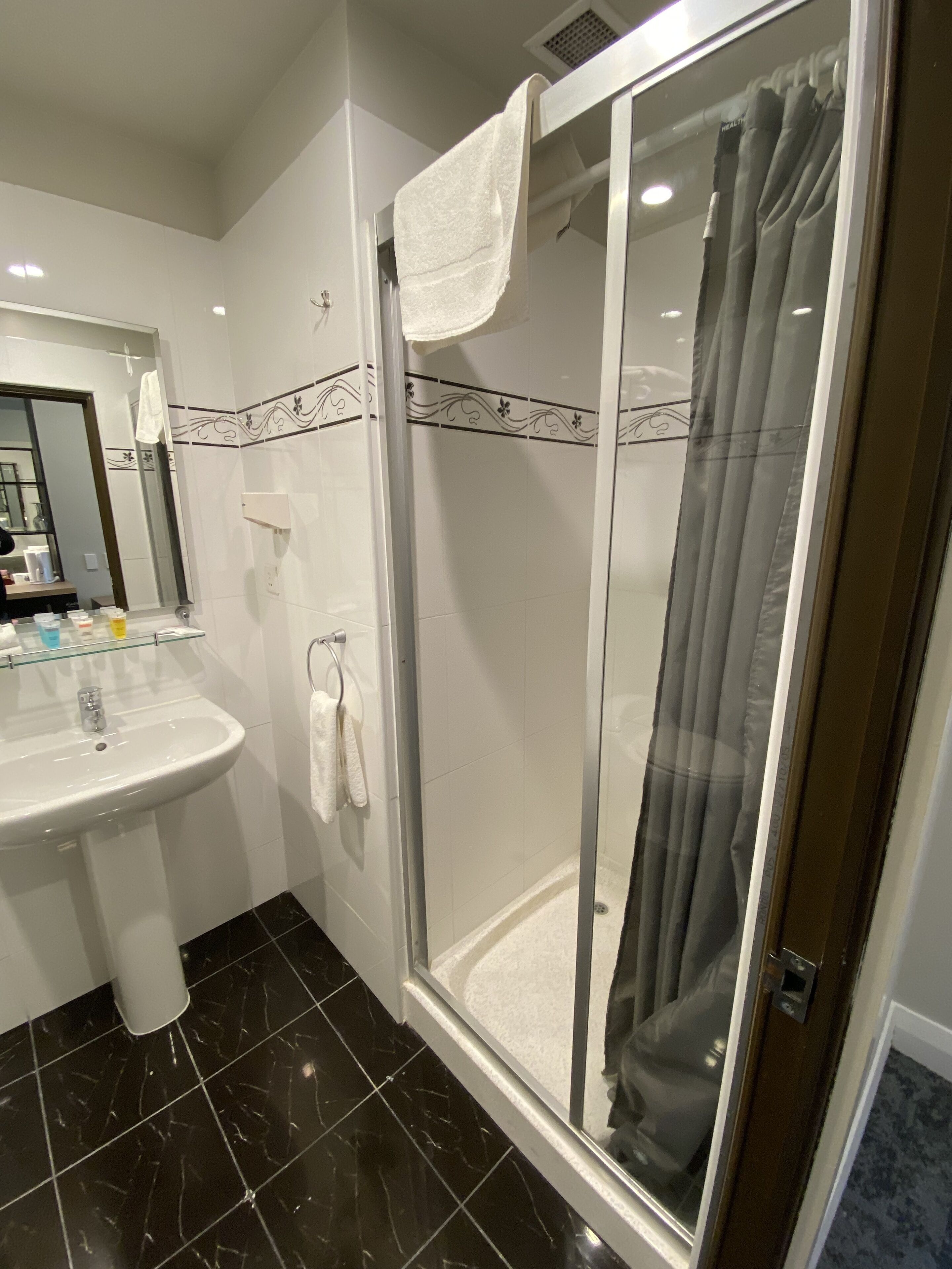 Un baño moderno con ducha envuelta en vidrio, un lavabo blanco y un espejo.