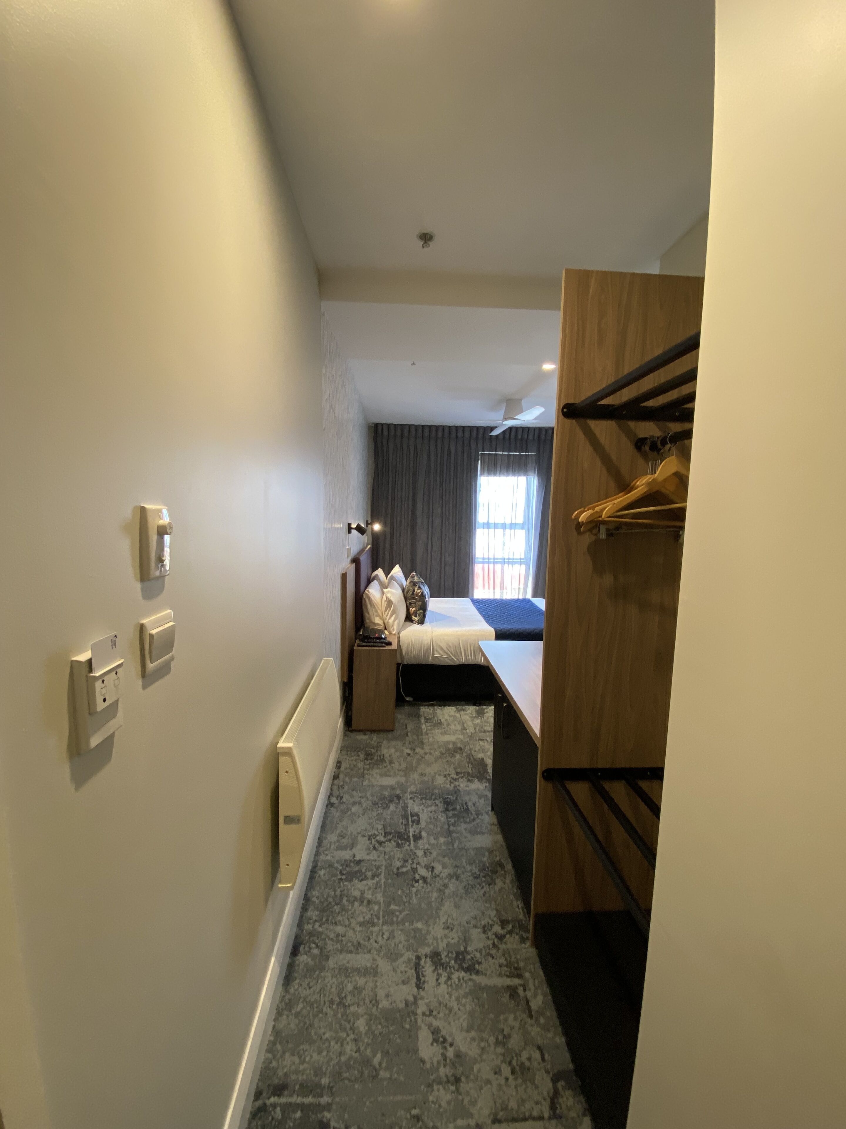 A hotel room with a bed, a bedside table, a nightstand, a wardrobe, and a bathroom with a shower.