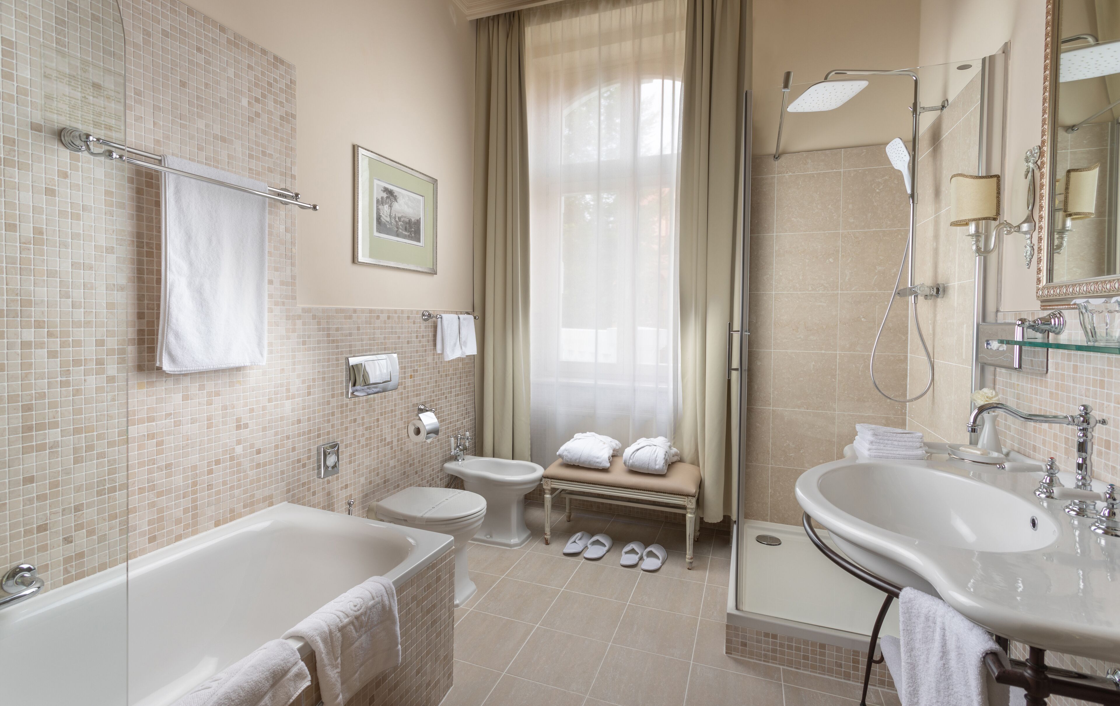 deep-soaking bathtub, free toiletries, hair dryer, bathrobes