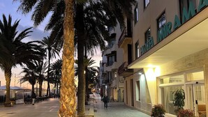 A hotel with a paved walkway, palm trees, and outdoor seating areas.