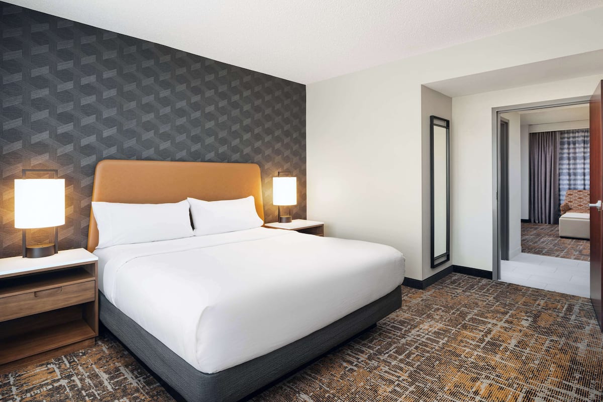 Une chambre d’hôtel avec un grand lit, deux lampes de chevet, un miroir et une moquette à motifs.