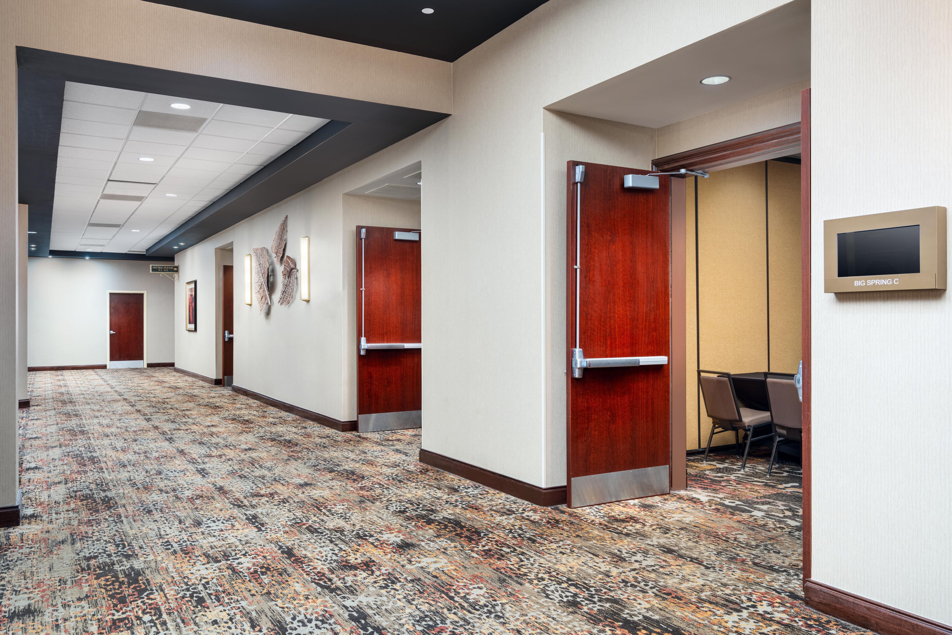 A hotel corridor with carpeted flooring, wooden doors, and a flat-screen TV mounted on the wall.