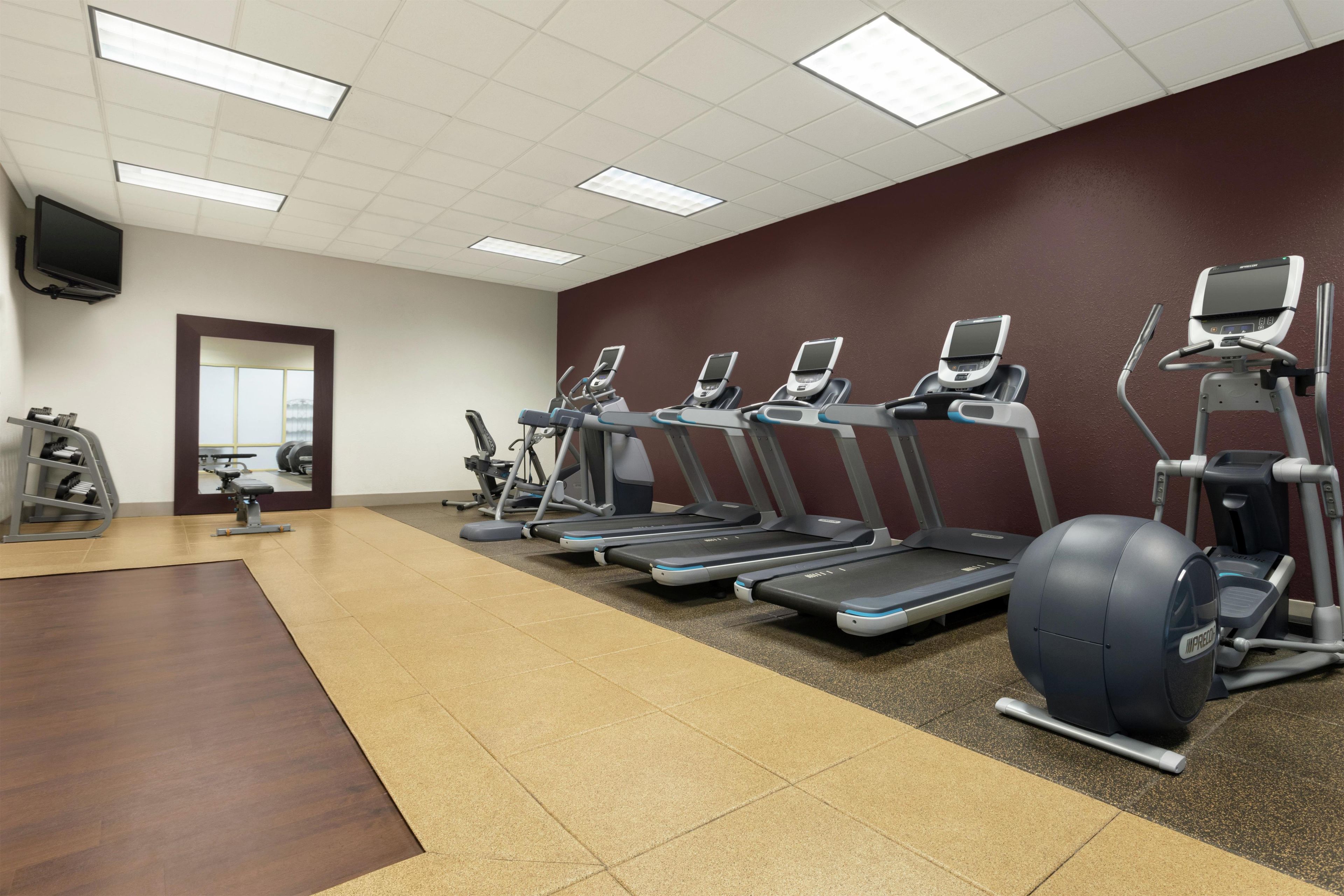 A gym with treadmills, elliptical machines, and a stationary bike.