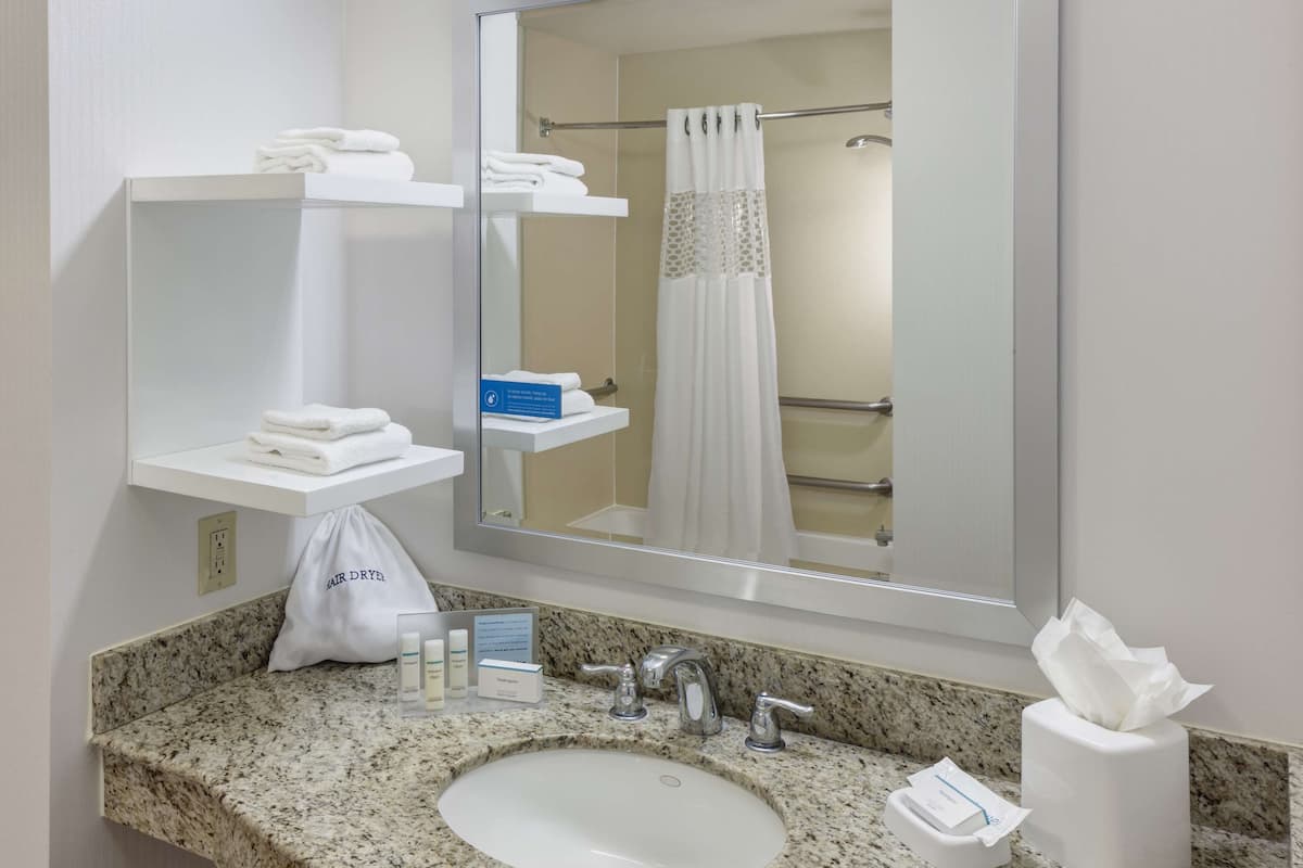 free toiletries, hair dryer, towels