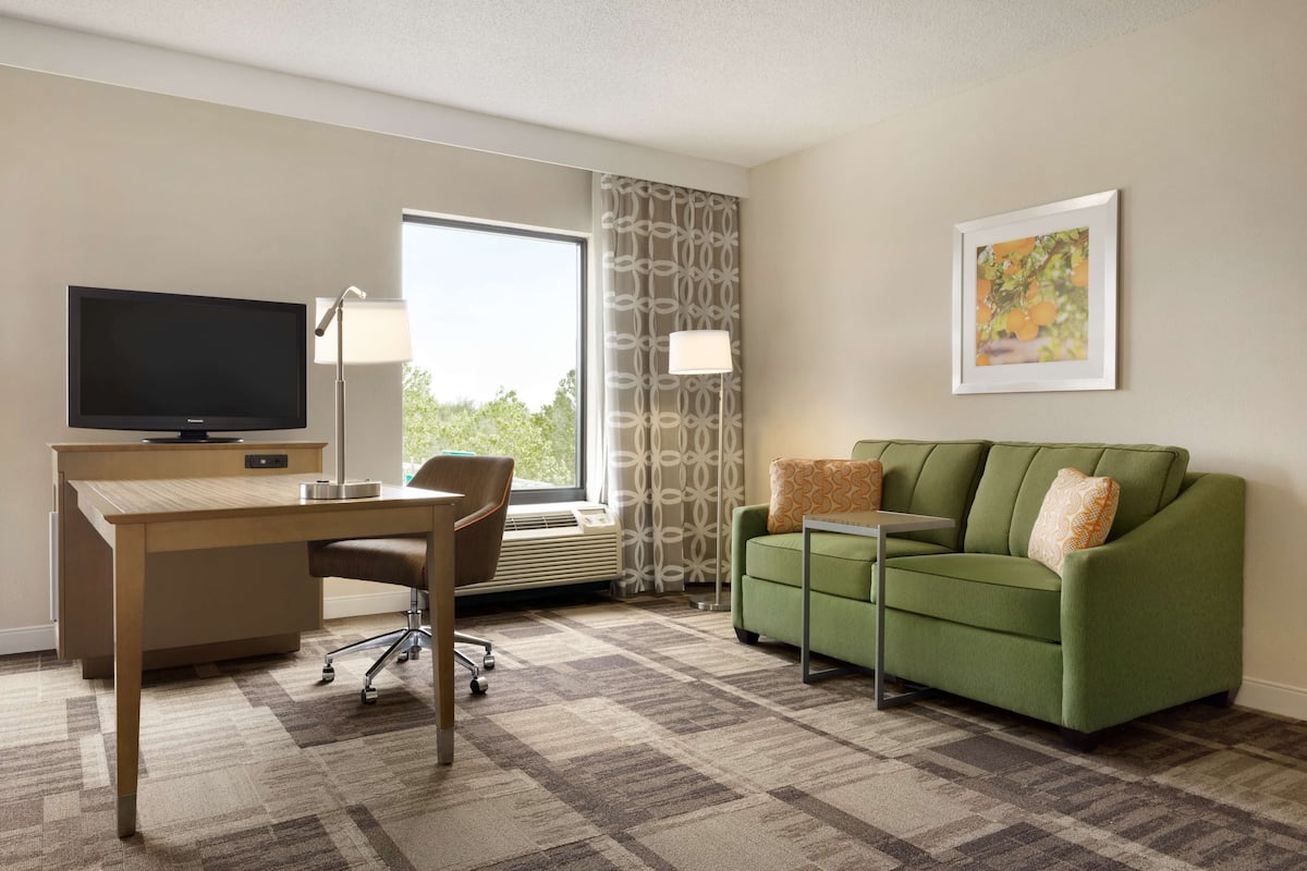 A hotel room with a flat-screen TV, a desk with a chair, a green sofa with cushions, a patterned carpet, a window with curtains, and a framed picture on the wall.