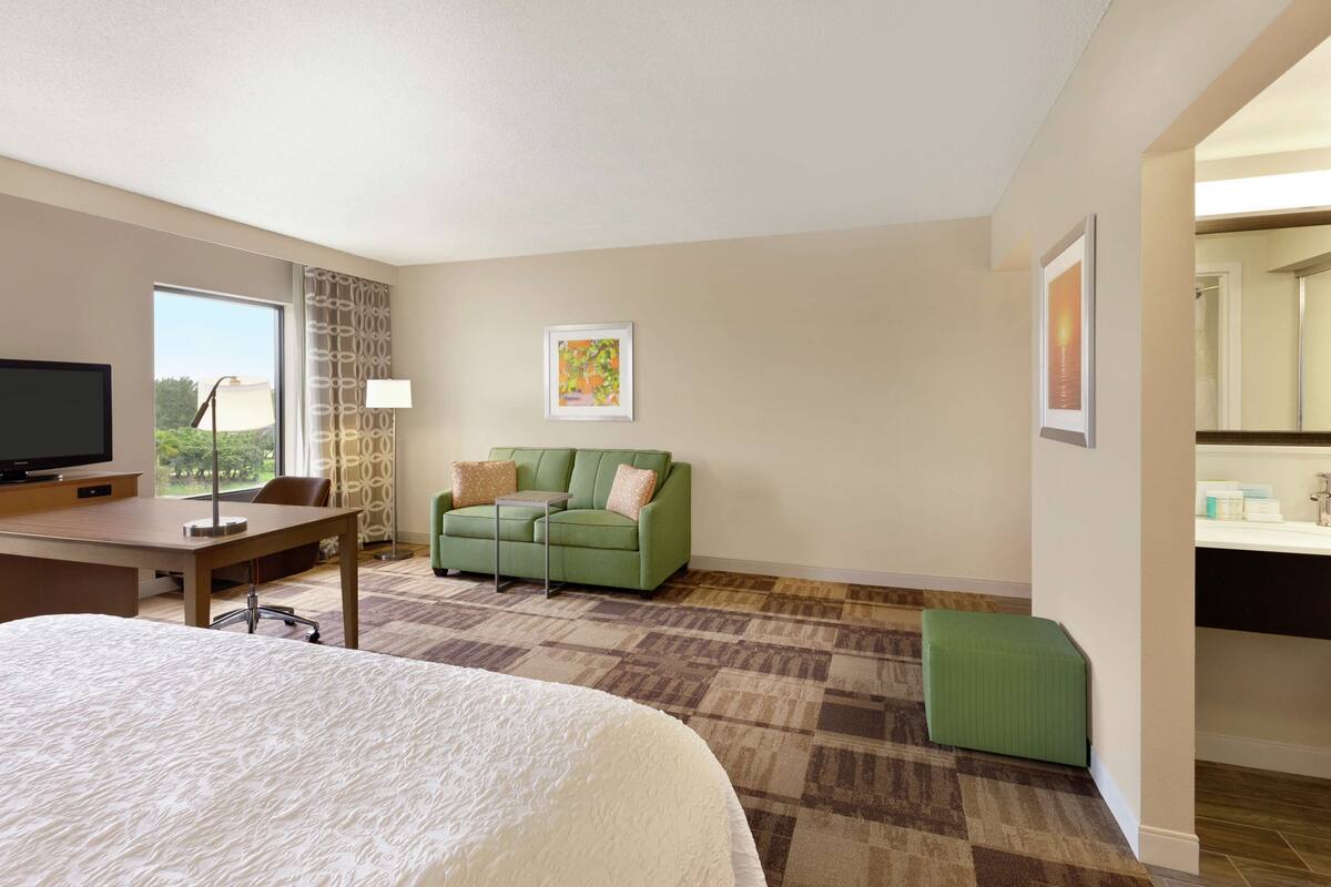A hotel room with a bed, a desk, a green sofa, a TV, a window, and a bathroom.