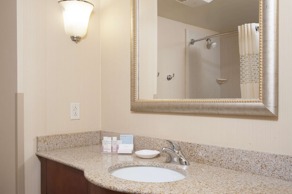 A bathroom with a granite countertop sink, a mirror, and a shower curtain.