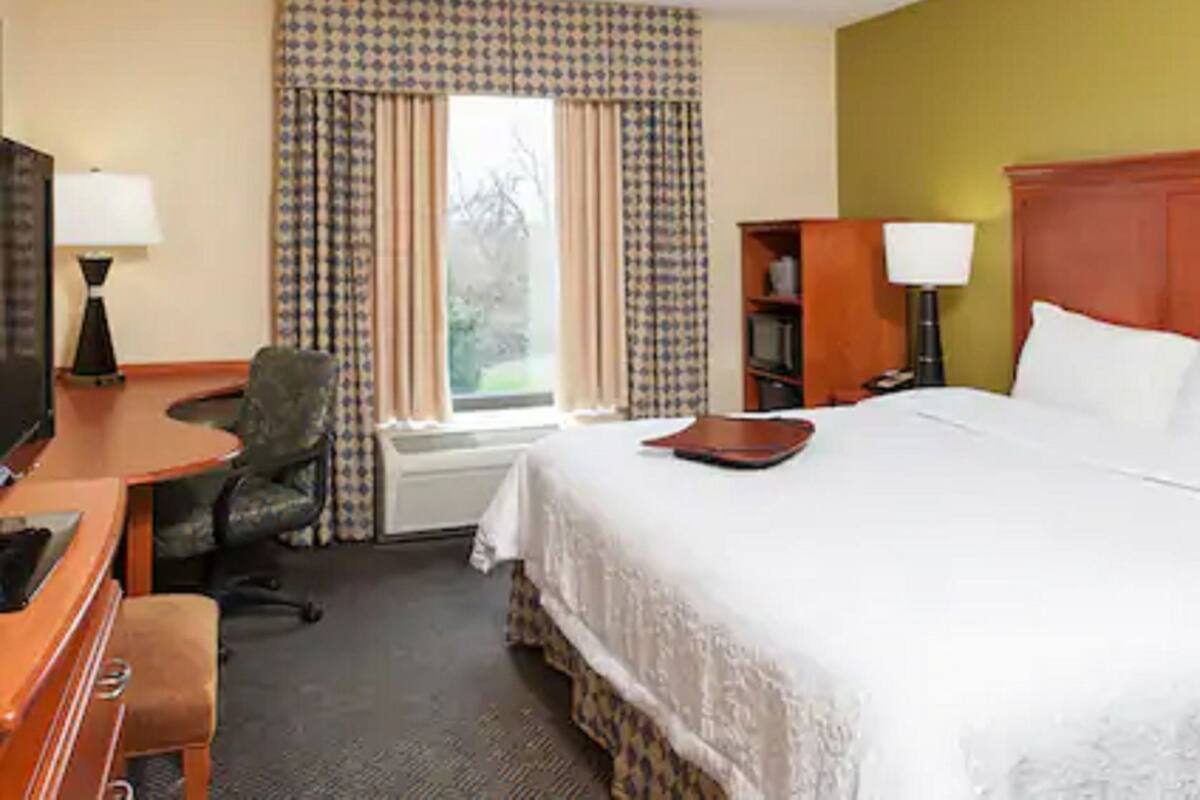 A hotel room with a bed, a desk, a chair, a TV, and a window with curtains.