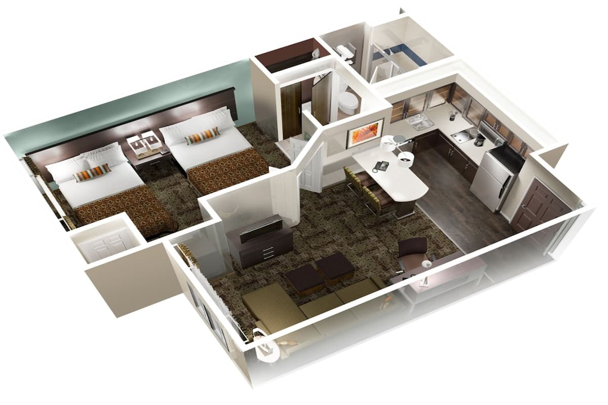 Ein 3D-Grundriss eines Hotelzimmers mit Bett, zwei Nachttischen, Schreibtisch mit Stuhl, einer Couch, einer kleinen Küchenzeile und einem Badezimmer.