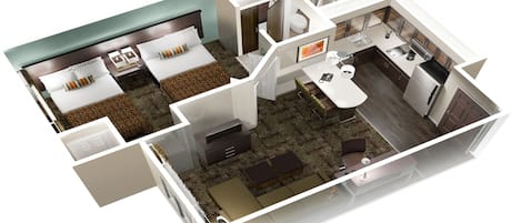 A 3D layout of a hotel room with a bed, two bedside tables, a desk with a chair, a sofa, a small kitchen area, and a bathroom.