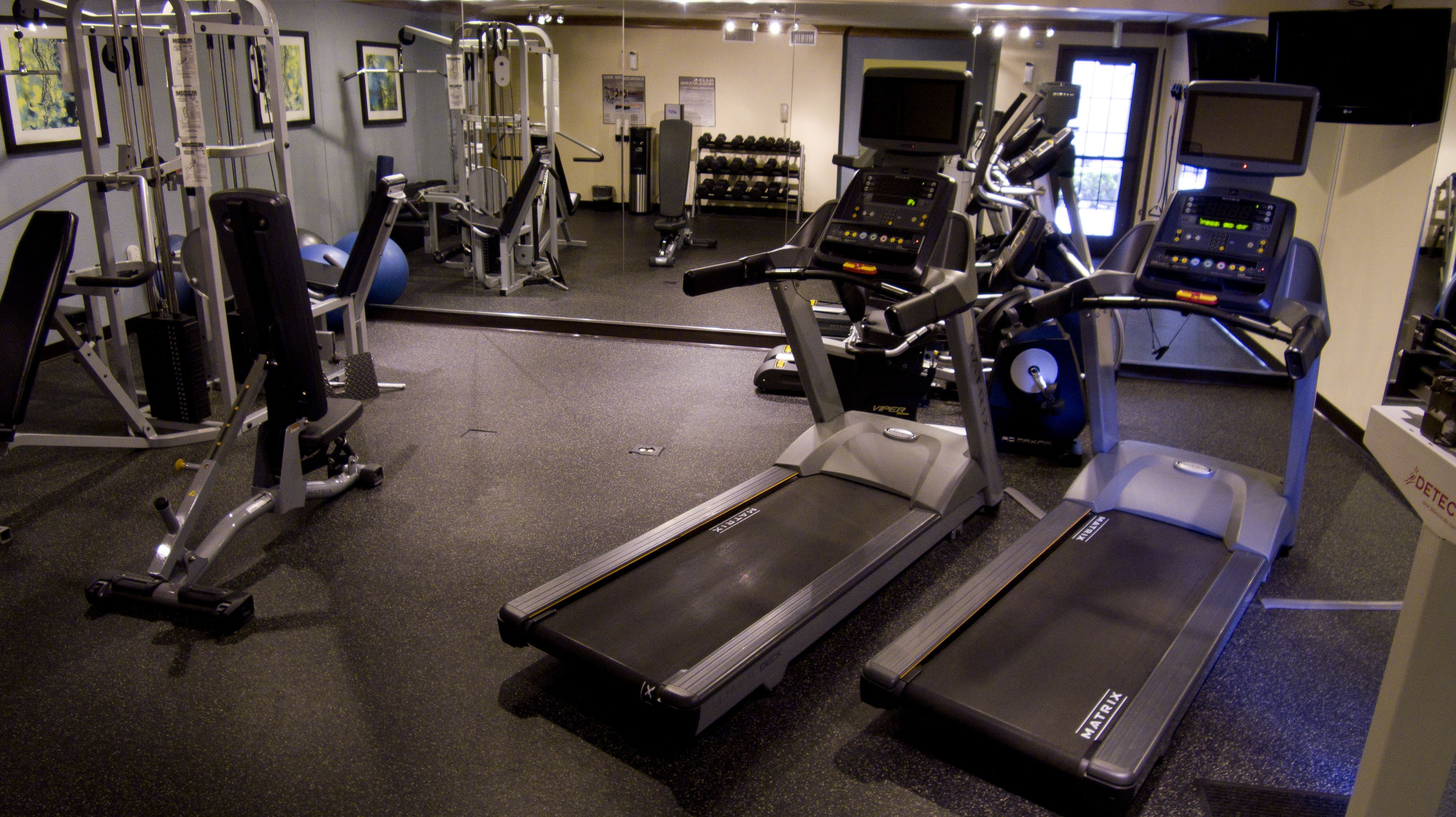 A gym with treadmills, weight machines, and a mirror.
