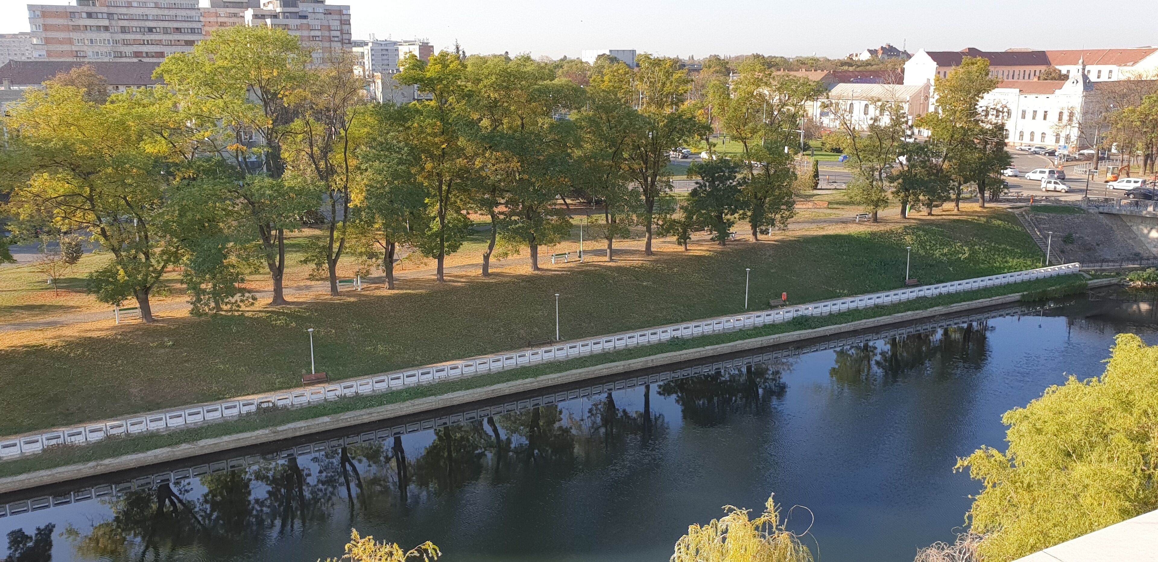 A riverside park with trees, a walking path, and a bridge.