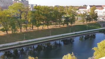 A riverside park with trees, a walking path, and a bridge.
