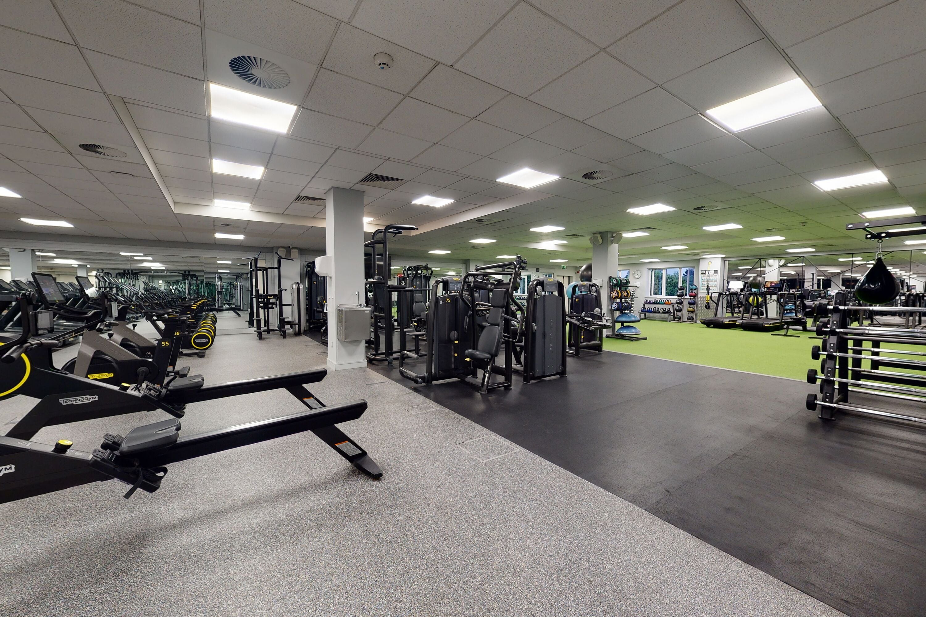 A gym with various exercise equipment, including treadmills, weight machines, and free weights.