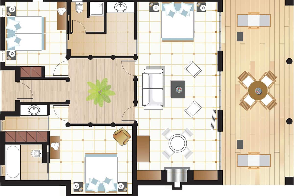 A hotel layout with a central living area, multiple bedrooms, a bathroom, and a dining area.