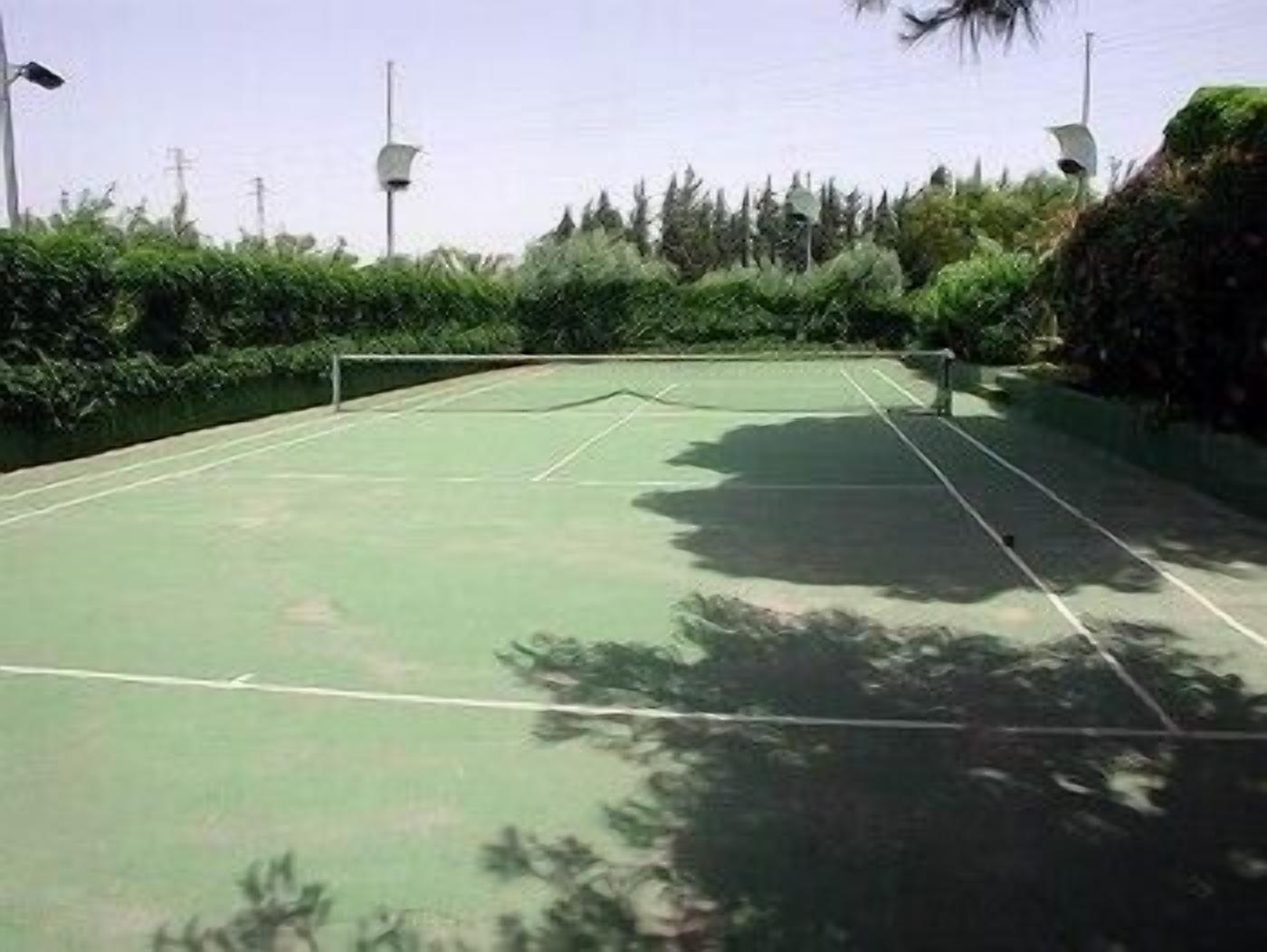 Un campo da tennis all'aperto circondato da vegetazione e pali elettrici.