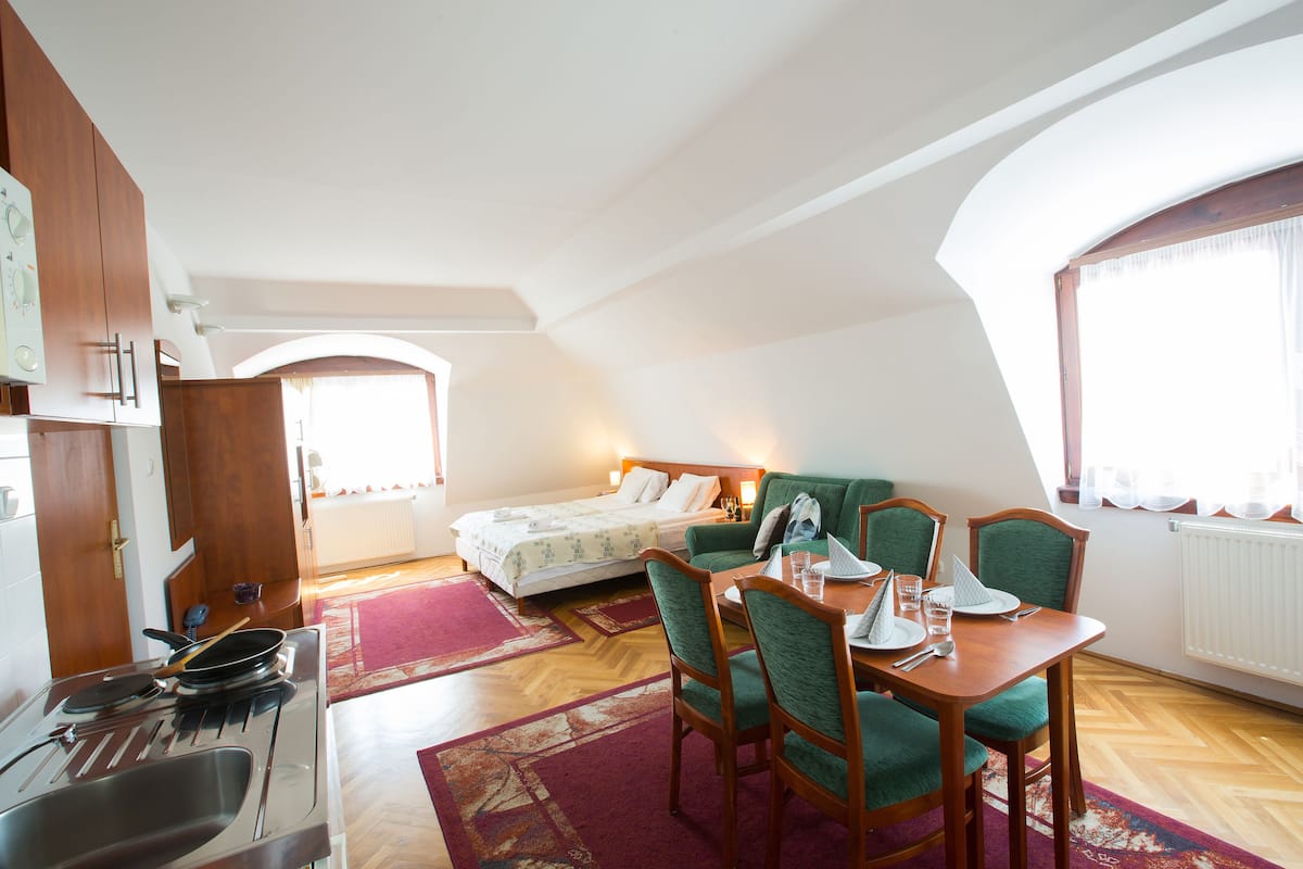 A compact room with a kitchenette, a dining area with a table and chairs, a sofa, and a bed.