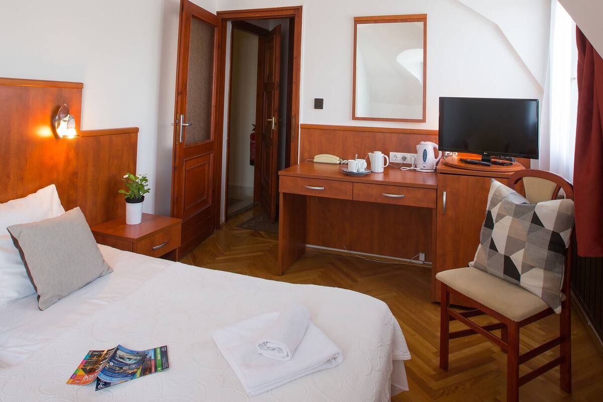 A hotel room with a bed, a desk, a chair, a television, and a mirror.