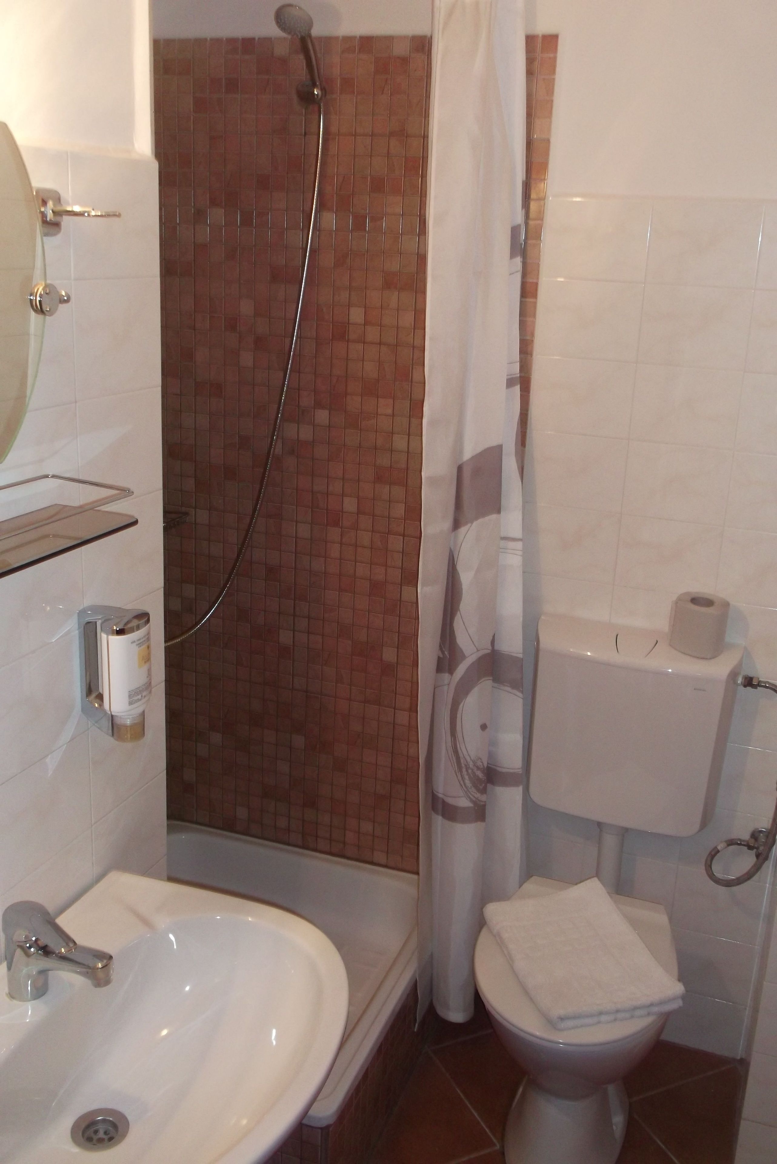 Baño con ducha, inodoro, lavabo y toallero.
