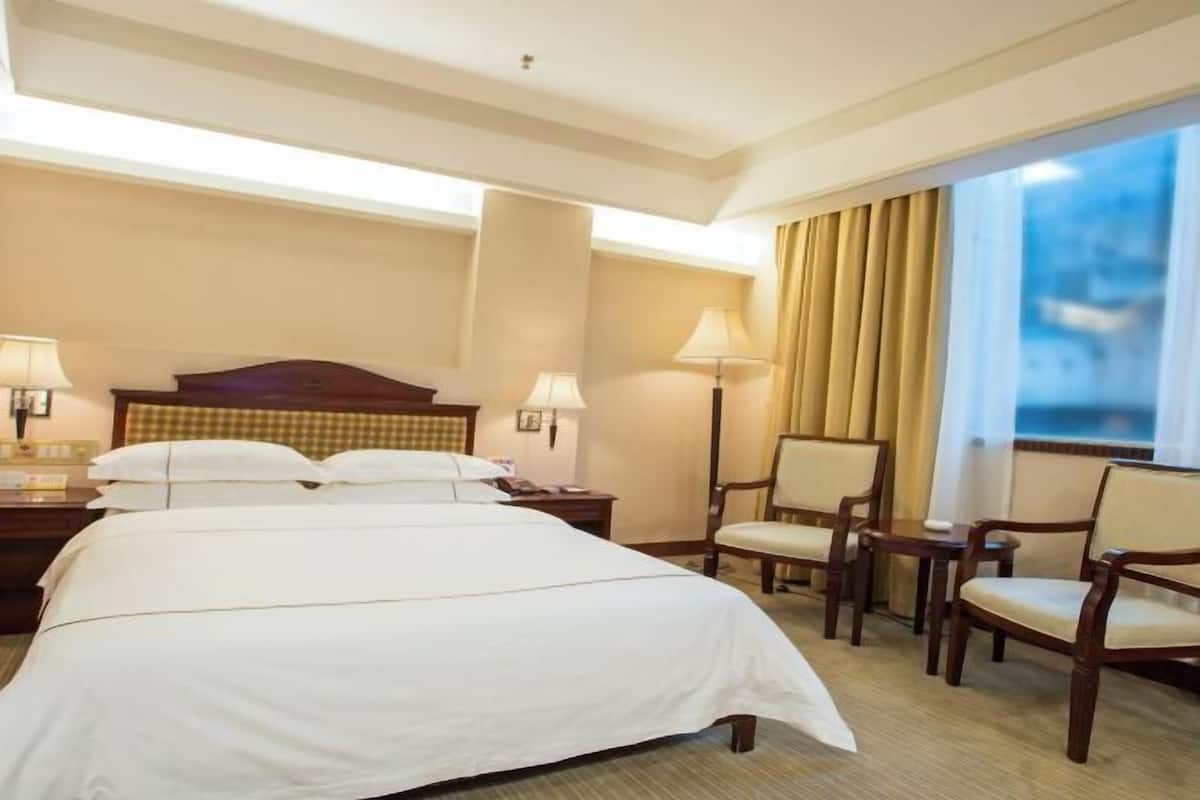 A hotel room with a large bed, two bedside tables with lamps, a chair, a window with curtains, and a view of the city.