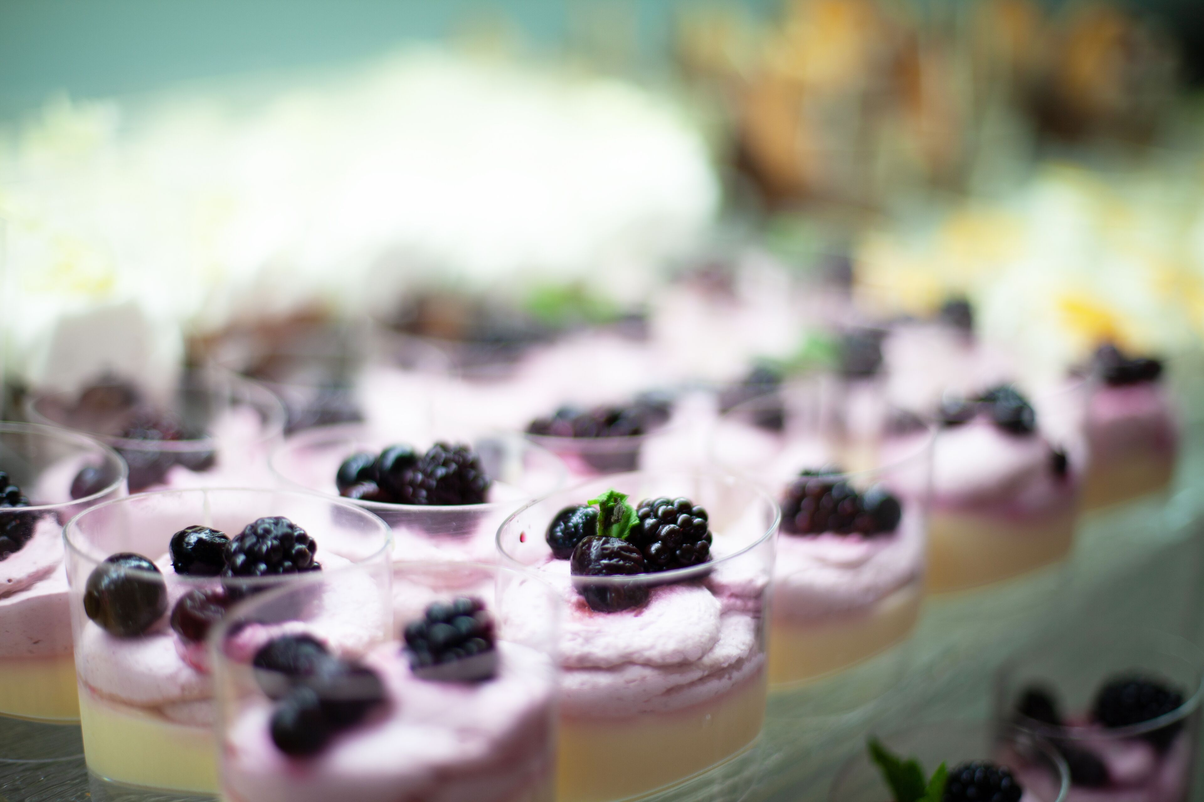 A row of dessert cups with a creamy layer and blackberries on top.