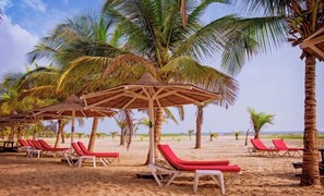 Privat strand, solsenger, strandhåndklær og strandbar