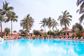 Outdoor pool, pool umbrellas, pool loungers