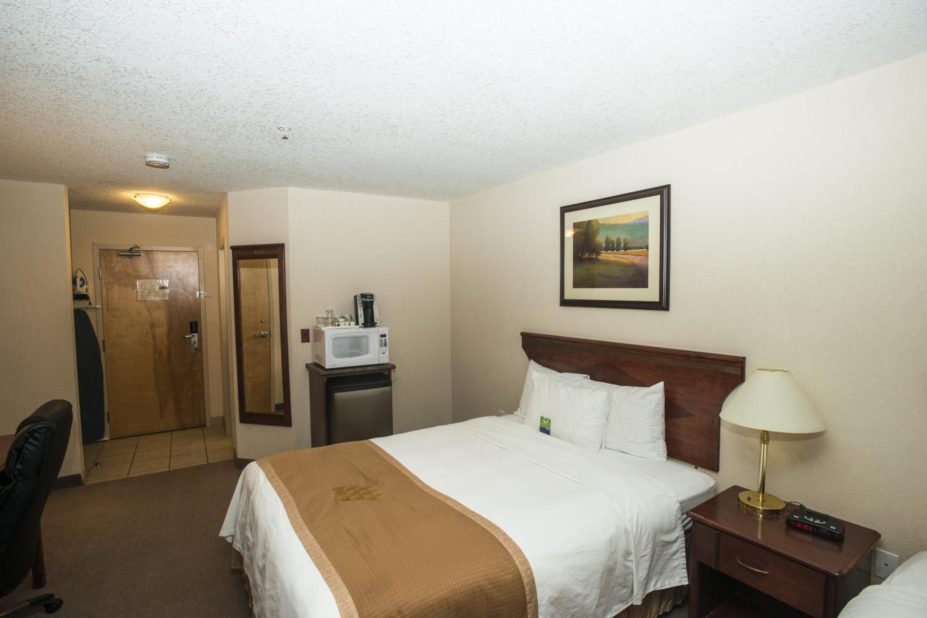 Una habitación de hotel con cama, escritorio con lámpara, microondas y un cuadro en la pared.