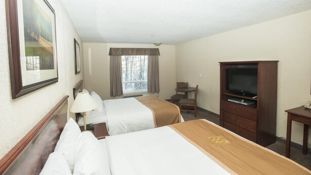 Une chambre d’hôtel avec deux lits, une télévision, un bureau et une chaise.