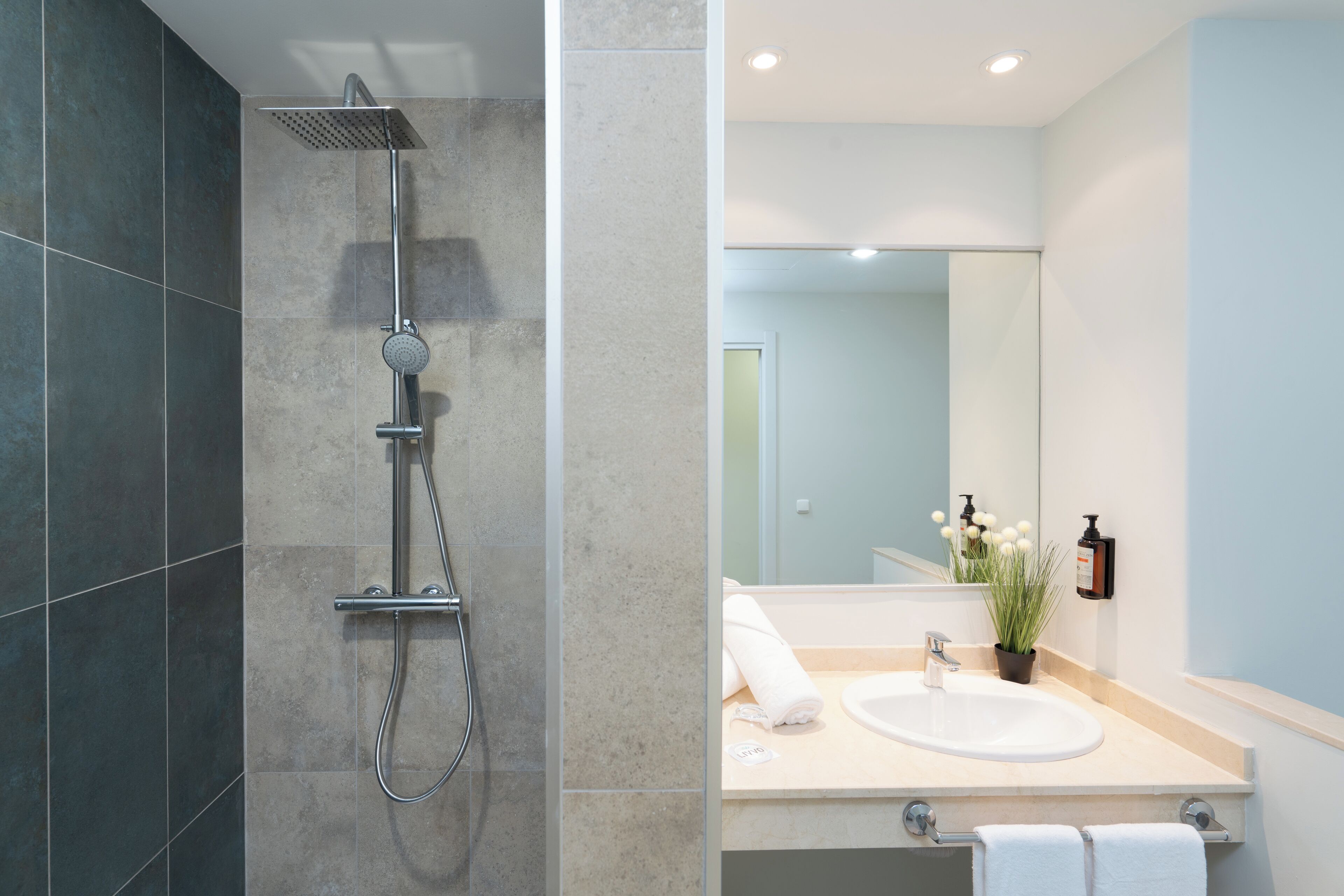 Een moderne badkamer met een douche, wastafel en spiegel.