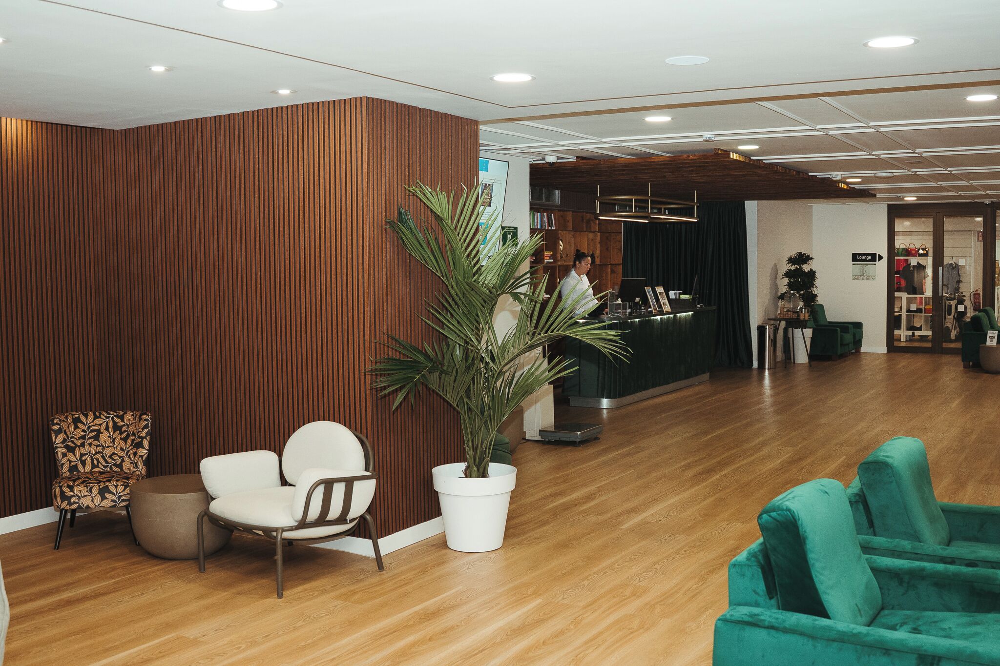 Zona d'arribada amb paret de fusta, taulell de recepció, planta en test i espais d'espera.