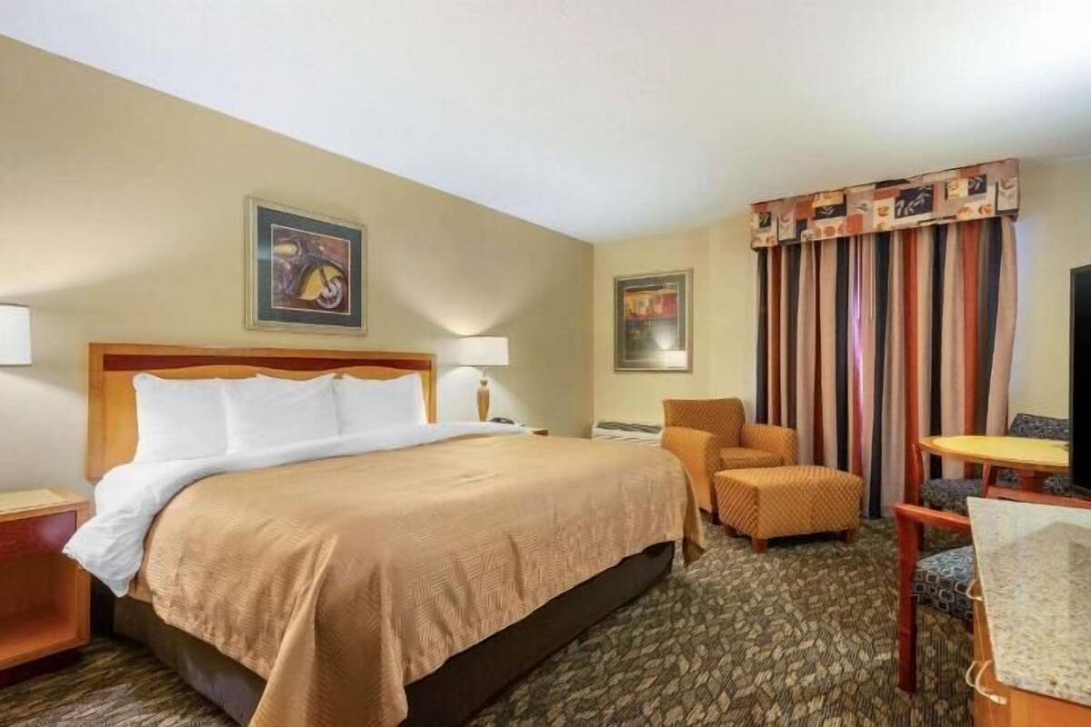 Una habitación de hotel con cama, una silla, un escritorio, un televisor y dos cuadros en la pared.