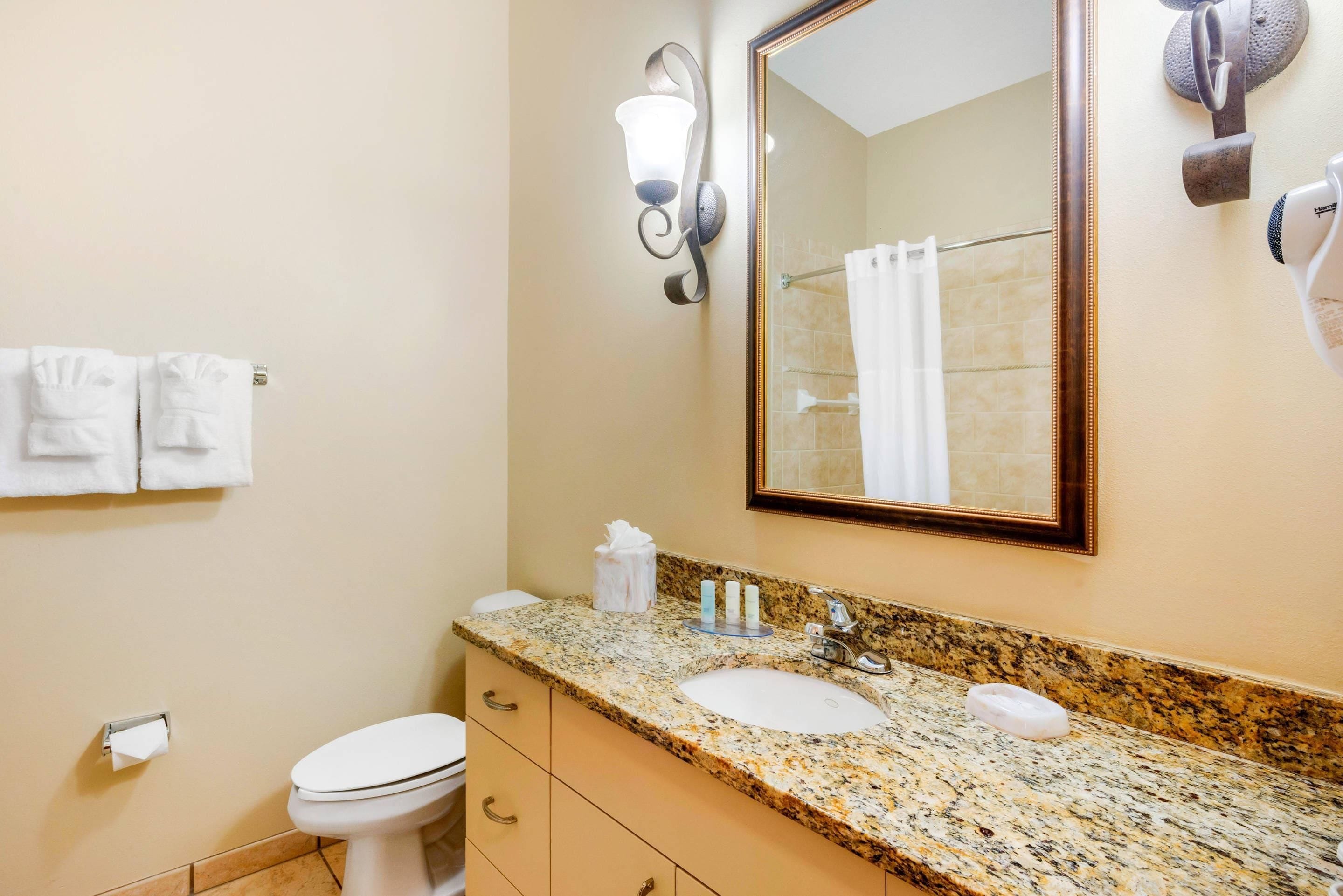 A bathroom with a granite countertop, two sinks, a toilet, a towel rack with towels, a mirror, and a shower curtain.