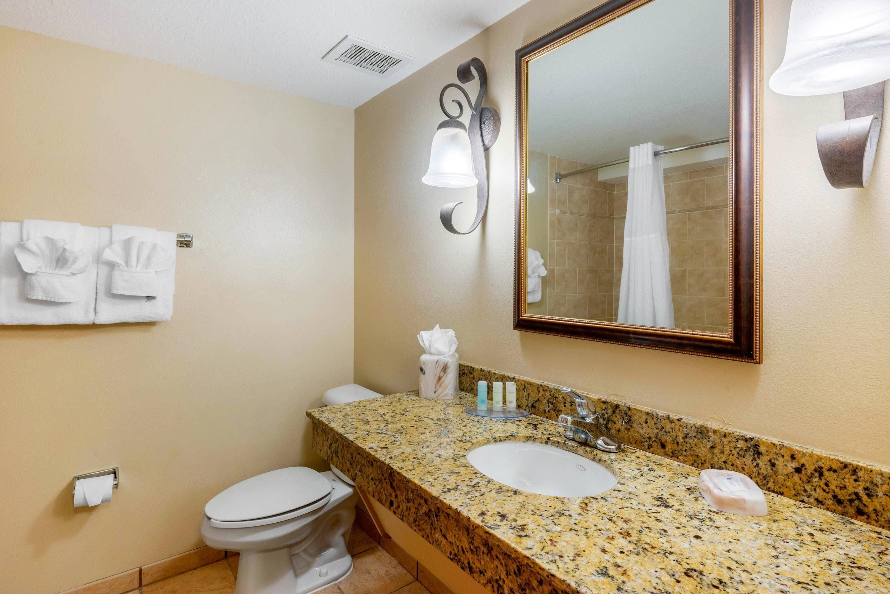 Casa de banho de hotel com sanita, lavatório e espelho.