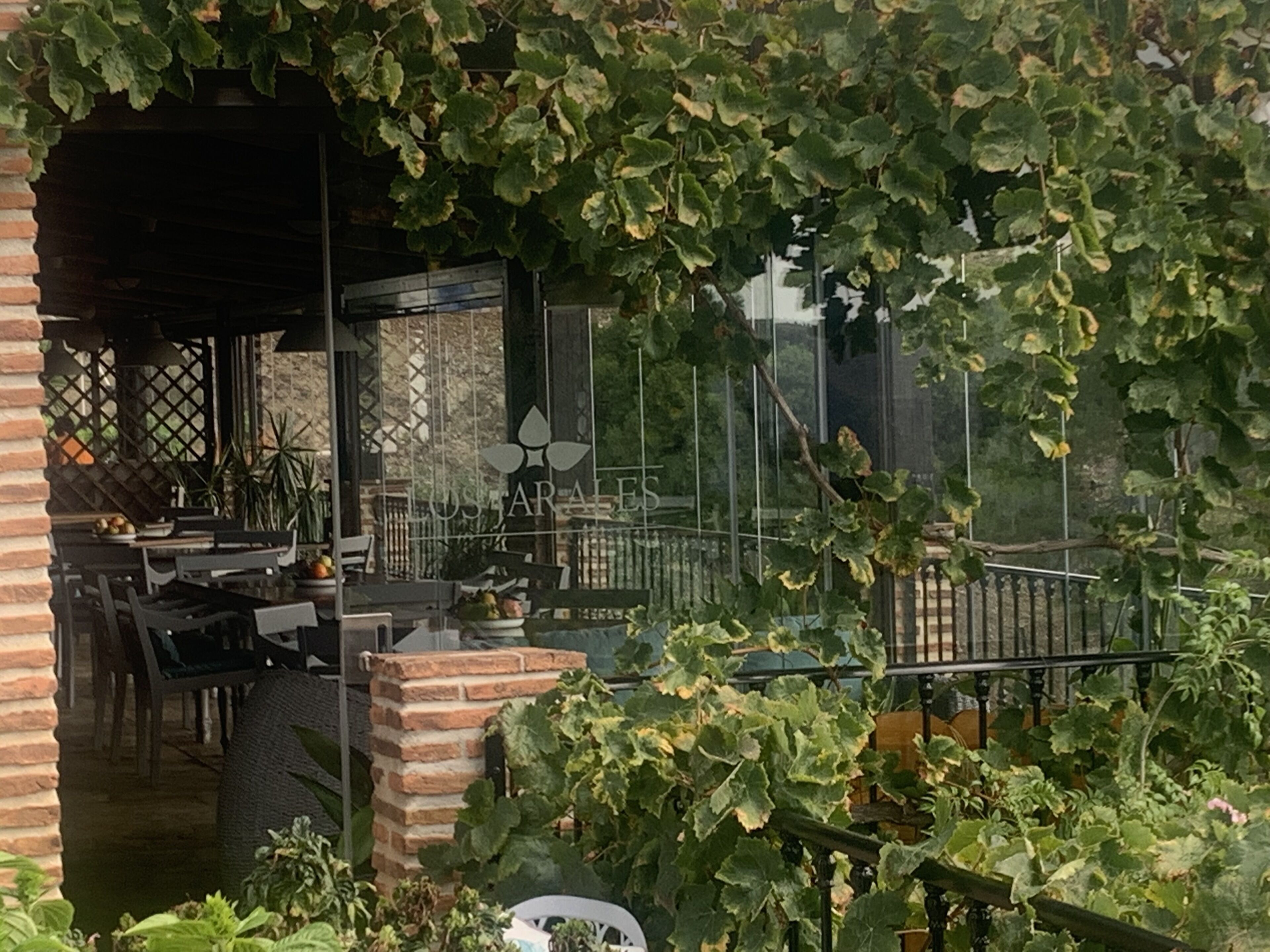 Un espace extérieur aménagé avec des murs en briques et une structure en verre, entouré d’une végétation luxuriante.