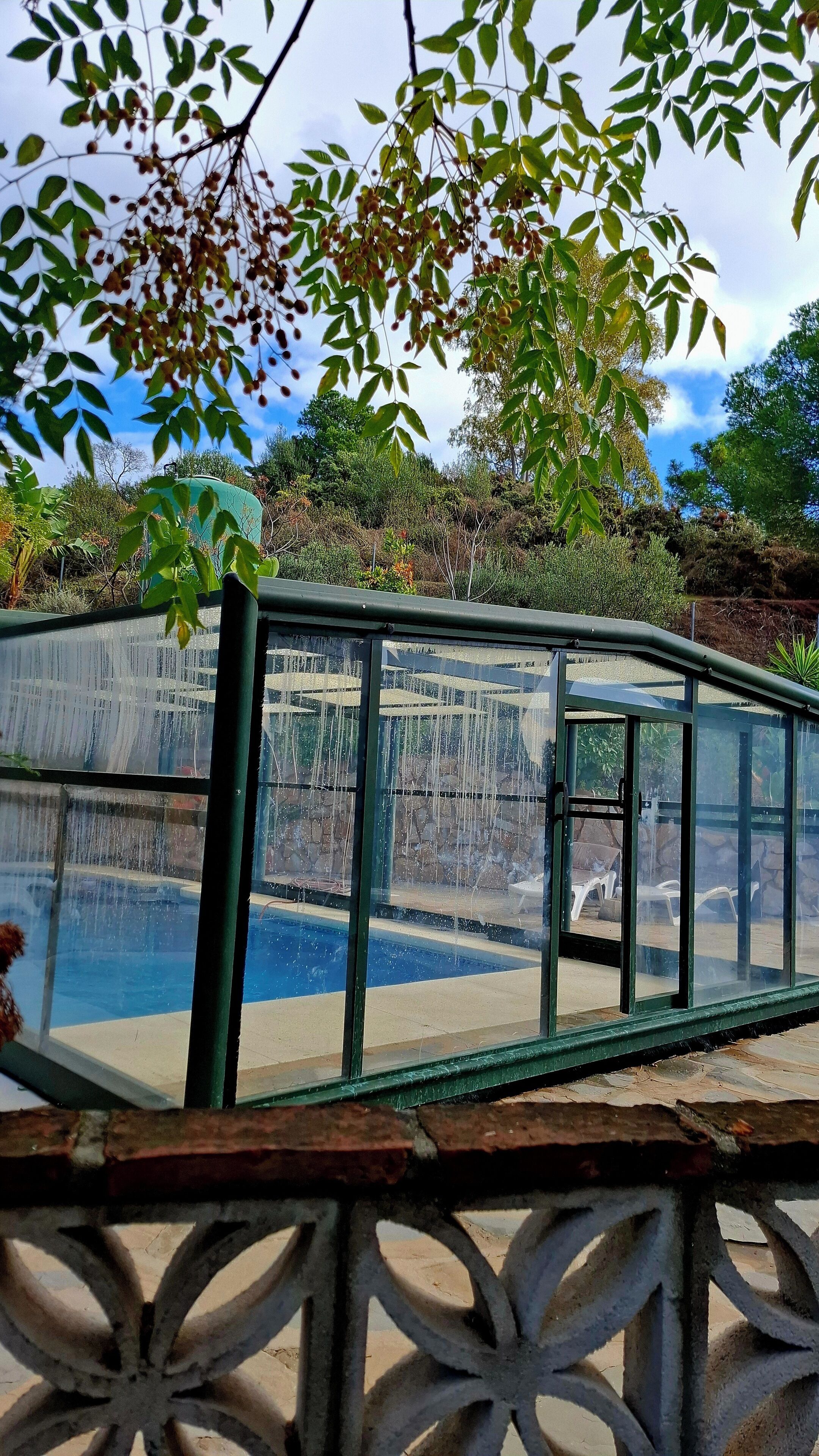 Una piscina cubierta, una piscina al aire libre, sombrillas, tumbonas