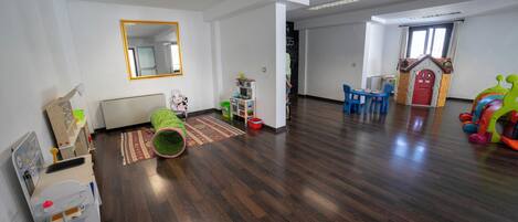 Una habitación amplia con suelo de madera, una zona de juegos con juguetes, un espejo en la pared y una puerta que da a otra habitación.
