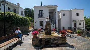 Un cortile con una fontana, panchine e piante in vaso.