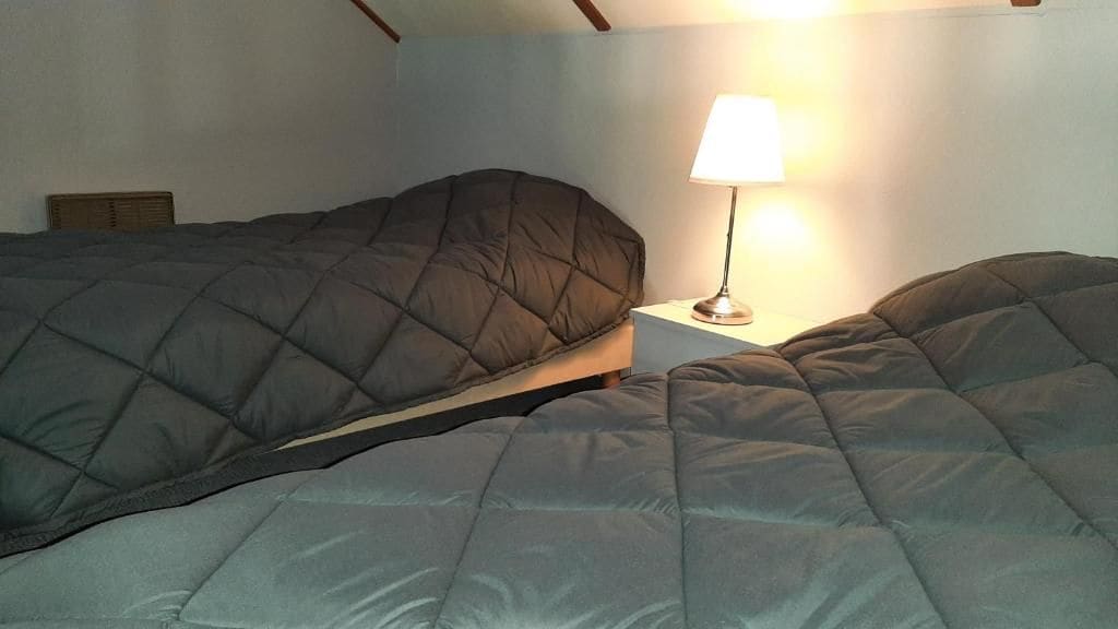 A room with two beds, a bedside table with a lamp, and a headboard.