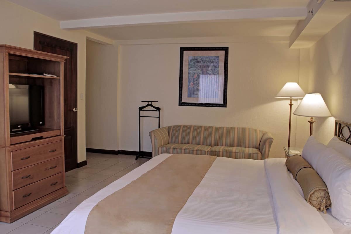 A hotel room with a bed, a TV, a sofa, a lamp, and a framed picture on the wall.